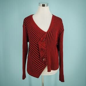 Putorti Size XL Red Black Asymmetrical Faux Button V Neck Artsy Cotton Sweater